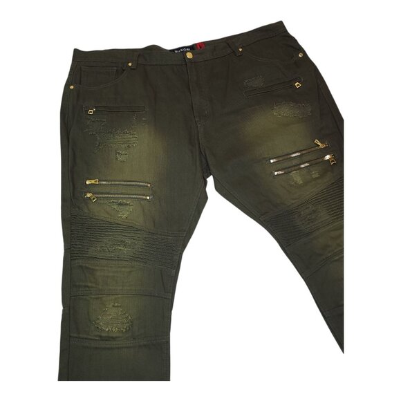 Makobi Mens Distressed Faded Pants Olive Green Size 50X32 With Zipper Accents - Picture 7 of 11
